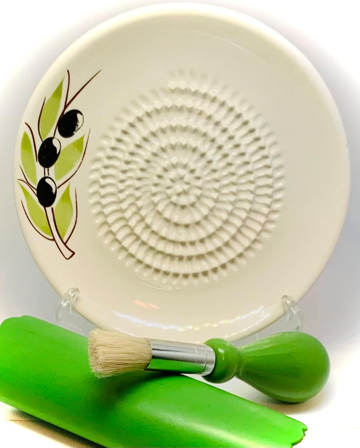 Premium Ceramic Garlic Grater Plate Set - White Olive | Includes 5.25" Plate, Peeler, Brush, and Stand - For Strawberries, Ginger, Chocolate, Cheese, and more - Make your own puree!