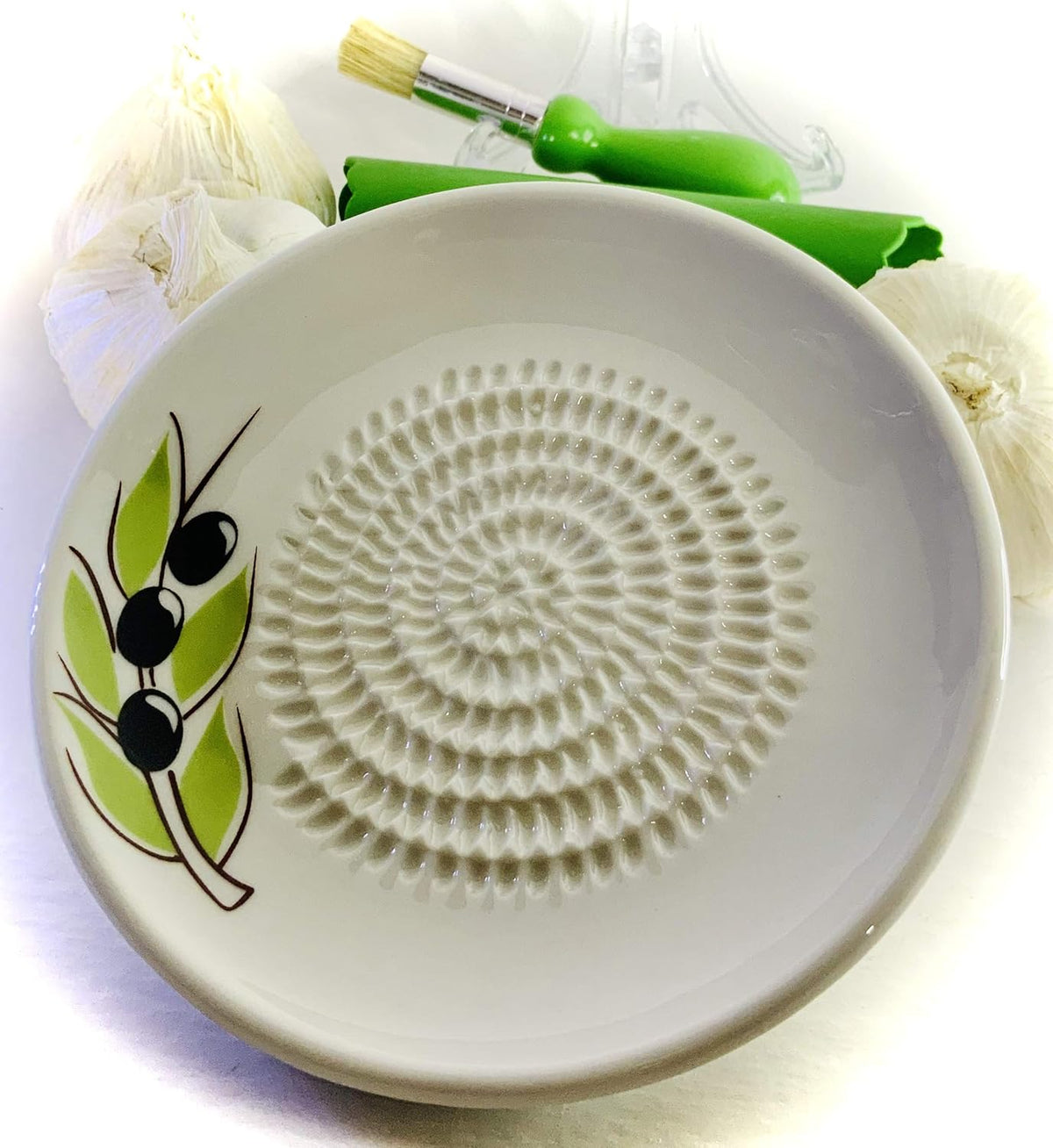 Premium Ceramic Garlic Grater Plate Set - White Olive | Includes 5.25" Plate, Peeler, Brush, and Stand - For Strawberries, Ginger, Chocolate, Cheese, and more - Make your own puree!