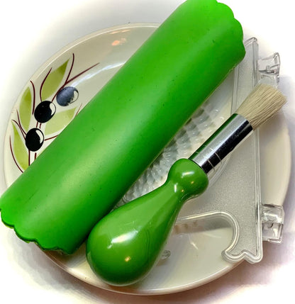 Premium Ceramic Garlic Grater Plate Set - White Olive | Includes 5.25" Plate, Peeler, Brush, and Stand - For Strawberries, Ginger, Chocolate, Cheese, and more - Make your own puree!