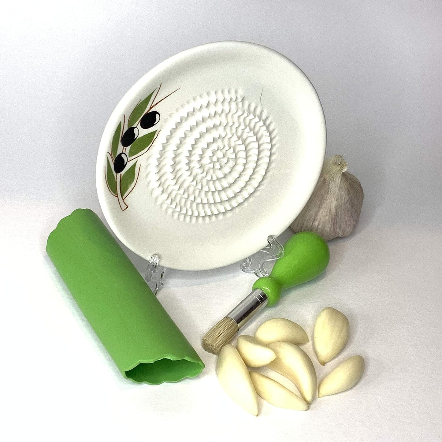 Premium Ceramic Garlic Grater Plate Set - White Olive | Includes 5.25" Plate, Peeler, Brush, and Stand - For Strawberries, Ginger, Chocolate, Cheese, and more - Make your own puree!