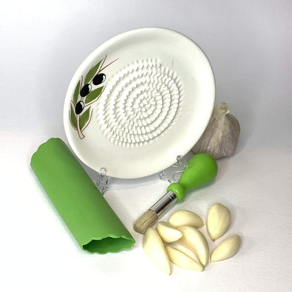 Premium Ceramic Garlic Grater Plate Set - White Olive | Includes 5.25" Plate, Peeler, Brush, and Stand - For Strawberries, Ginger, Chocolate, Cheese, and more - Make your own puree!