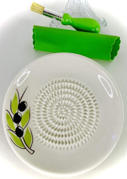 Premium Ceramic Garlic Grater Plate Set - White Olive | Includes 5.25" Plate, Peeler, Brush, and Stand - For Strawberries, Ginger, Chocolate, Cheese, and more - Make your own puree!