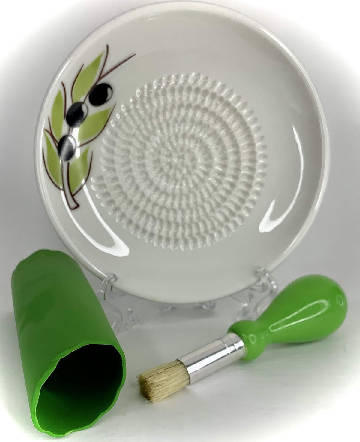 Premium Ceramic Garlic Grater Plate Set - White Olive | Includes 5.25" Plate, Peeler, Brush, and Stand - For Strawberries, Ginger, Chocolate, Cheese, and more - Make your own puree!