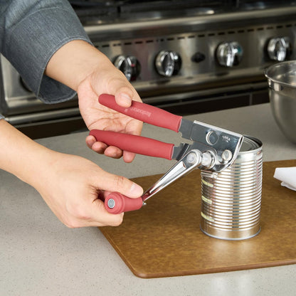 Stainless Steel Magnetic Manual Can Opener - German Standard Red Crank Can Opener with Magnet, Ergonomic Handles, Non-Slip - Heavy-Duty Hand Can Opener, Easy Turn, Sharp Blade