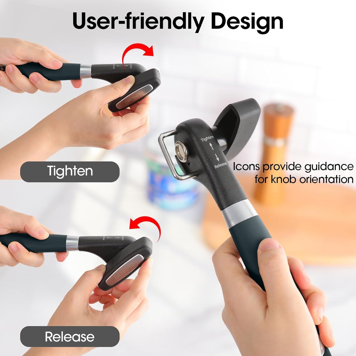 Can Opener, Manual Side Safe Cut Can Opener Smooth Edge with Durable Sharp Blade, Effort-Saving Knob & Comfortable Non-slip Handle, Red