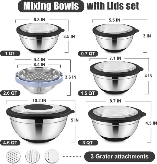 Mixing Bowls with Lids Set, 15PCS Stainless Steel Mixing Nesting Bowl with Colander & 3 Metal Grater for Kitchen Prep/Baking/Storage, Non-Slip Bottom & Airtight Lid, 4.6, 3, 1.5, 1, 0.7QT, Black