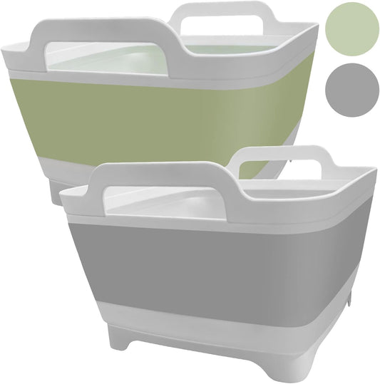 2PCS Dishpan for Washing Dishes, 9L(2.4Gallon) Collapsible Wash Basin with Drain Plug Carry Handles, Collapsible Bucket for Cleaning, Vegetable Washing, RV(Green + Grey)