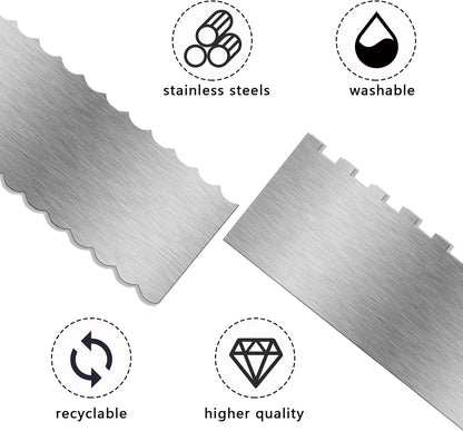 9 Inch Stainless Steel Cake Scraper, Cream Cake Scraper Sided Patterned Edge Stripe Edge Smoother Scraper Cake Smoother Frosting Scraper Cake Decorating Comb for Mousse Butter Cream