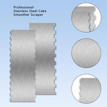 9 Inch Stainless Steel Cake Scraper, Cream Cake Scraper Sided Patterned Edge Stripe Edge Smoother Scraper Cake Smoother Frosting Scraper Cake Decorating Comb for Mousse Butter Cream