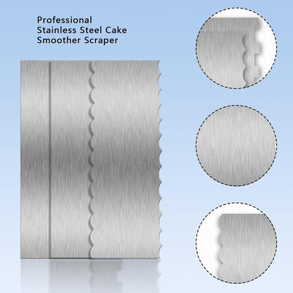 9 Inch Stainless Steel Cake Scraper, Cream Cake Scraper Sided Patterned Edge Stripe Edge Smoother Scraper Cake Smoother Frosting Scraper Cake Decorating Comb for Mousse Butter Cream