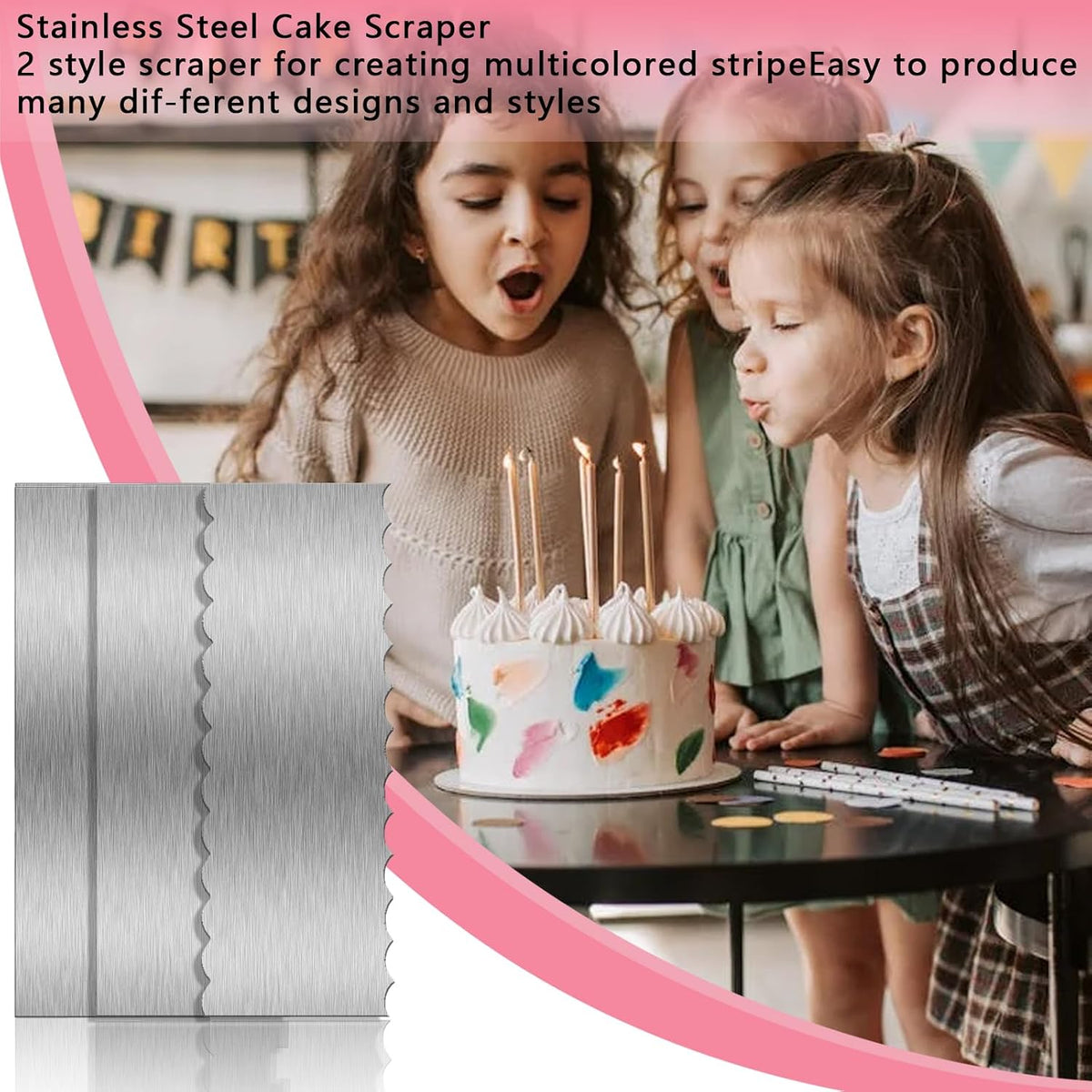 9 Inch Stainless Steel Cake Scraper, Cream Cake Scraper Sided Patterned Edge Stripe Edge Smoother Scraper Cake Smoother Frosting Scraper Cake Decorating Comb for Mousse Butter Cream