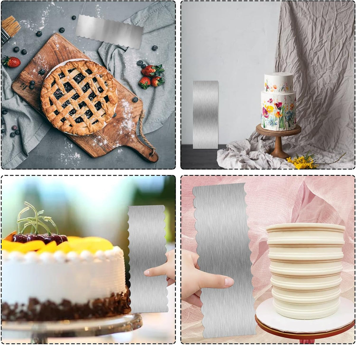 9 Inch Stainless Steel Cake Scraper, Cream Cake Scraper Sided Patterned Edge Stripe Edge Smoother Scraper Cake Smoother Frosting Scraper Cake Decorating Comb for Mousse Butter Cream