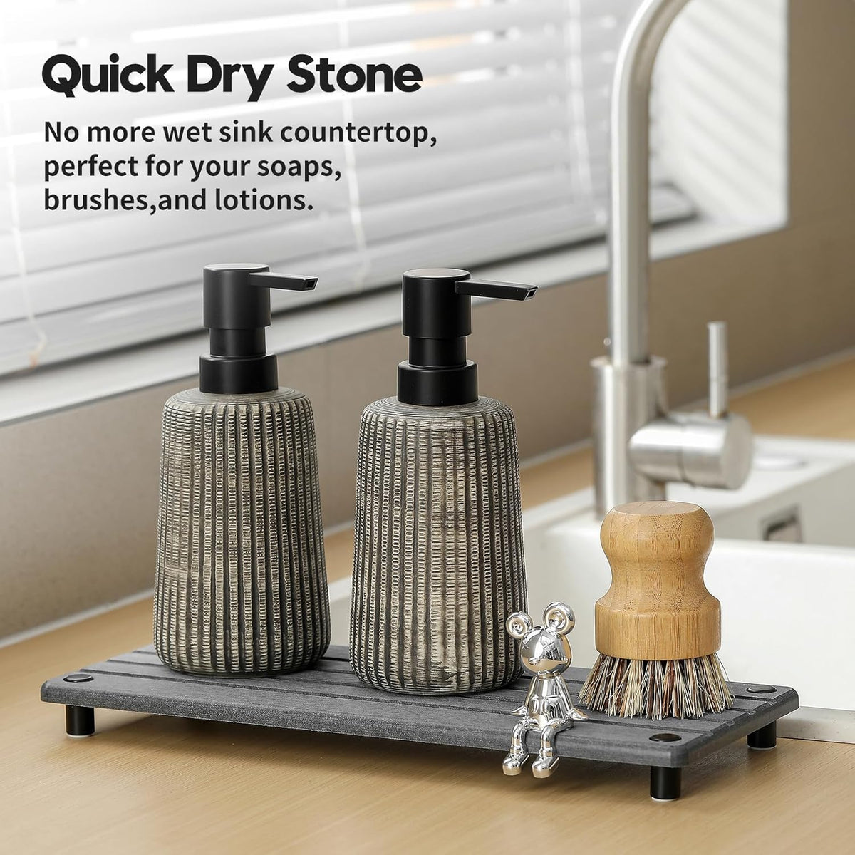 Sink Caddy Kitchen Sink Organizer, Water Absorbing Stone Tray for Sink,Diatomite Bathroom Counter Tray,Faucet Drying Mat Protector Coaster Soap Dish Rack Riser Vanity Dispenser Sponge Holder,10" x 4"