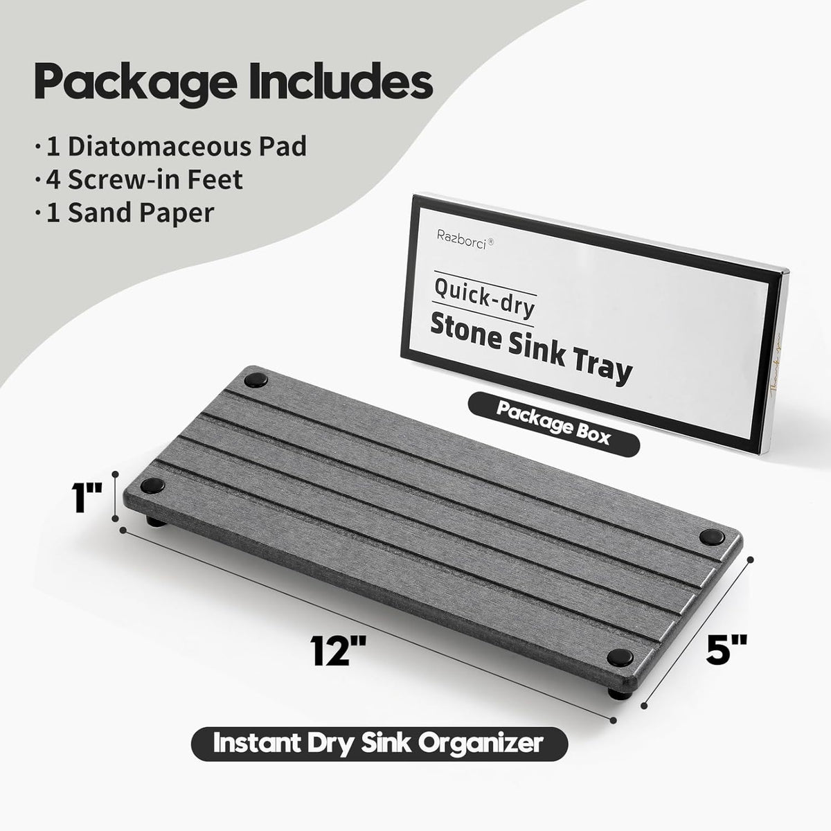Sink Caddy Kitchen Sink Organizer, Water Absorbing Stone Tray for Sink,Diatomite Bathroom Counter Tray,Faucet Drying Mat Protector Coaster Soap Dish Rack Riser Vanity Dispenser Sponge Holder,10" x 4"