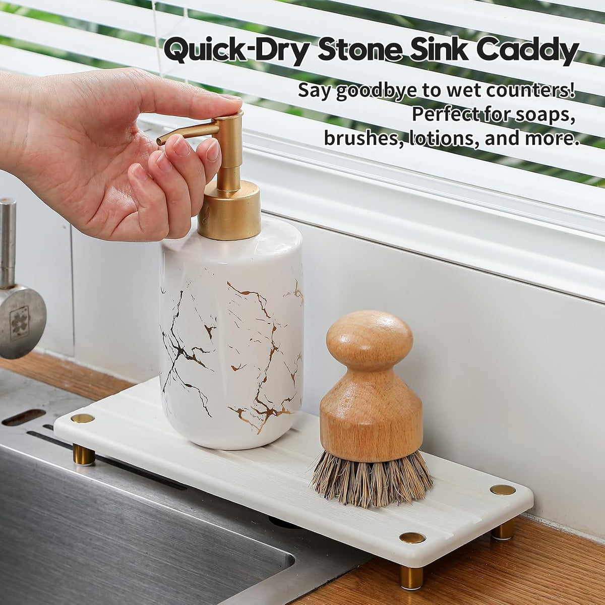 Sink Caddy Kitchen Sink Organizer, Water Absorbing Stone Tray for Sink,Diatomite Bathroom Counter Tray,Faucet Drying Mat Protector Coaster Soap Dish Rack Riser Vanity Dispenser Sponge Holder,10" x 4"