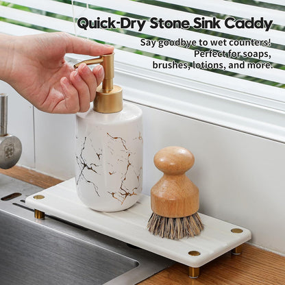 Sink Caddy Kitchen Sink Organizer, Water Absorbing Stone Tray for Sink,Diatomite Bathroom Counter Tray,Faucet Drying Mat Protector Coaster Soap Dish Rack Riser Vanity Dispenser Sponge Holder,10" x 4"