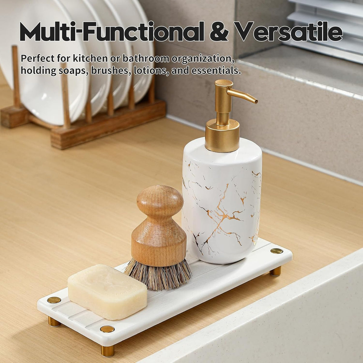 Sink Caddy Kitchen Sink Organizer, Water Absorbing Stone Tray for Sink,Diatomite Bathroom Counter Tray,Faucet Drying Mat Protector Coaster Soap Dish Rack Riser Vanity Dispenser Sponge Holder,10" x 4"