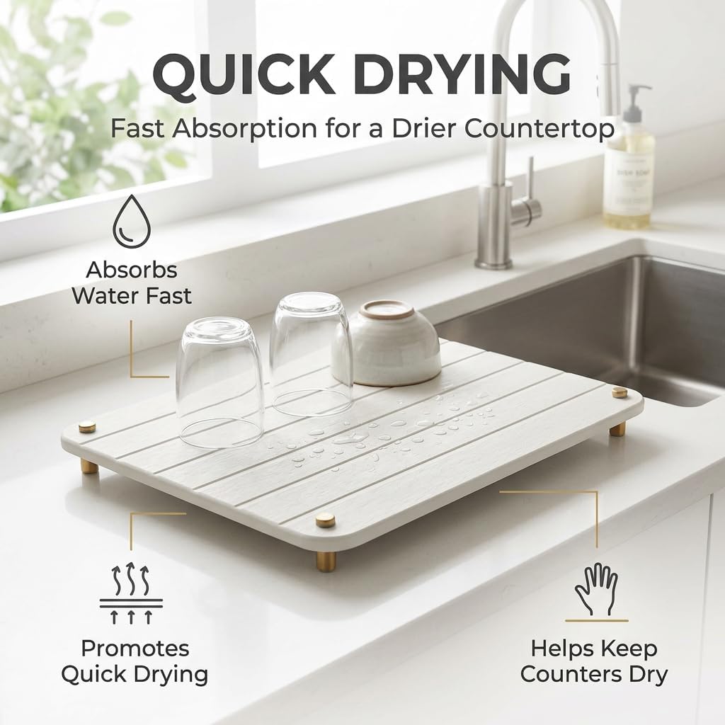Sink Caddy Kitchen Sink Organizer, Water Absorbing Stone Tray for Sink,Diatomite Bathroom Counter Tray,Faucet Drying Mat Protector Coaster Soap Dish Rack Riser Vanity Dispenser Sponge Holder,10" x 4"