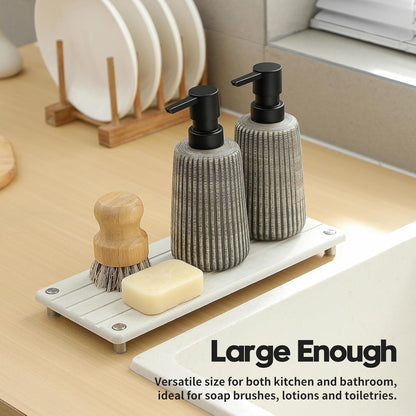 Sink Caddy Kitchen Sink Organizer, Water Absorbing Stone Tray for Sink,Diatomite Bathroom Counter Tray,Faucet Drying Mat Protector Coaster Soap Dish Rack Riser Vanity Dispenser Sponge Holder,10" x 4"