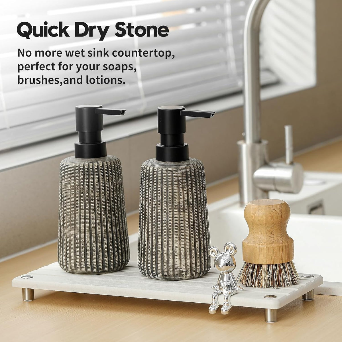 Sink Caddy Kitchen Sink Organizer, Water Absorbing Stone Tray for Sink,Diatomite Bathroom Counter Tray,Faucet Drying Mat Protector Coaster Soap Dish Rack Riser Vanity Dispenser Sponge Holder,10" x 4"