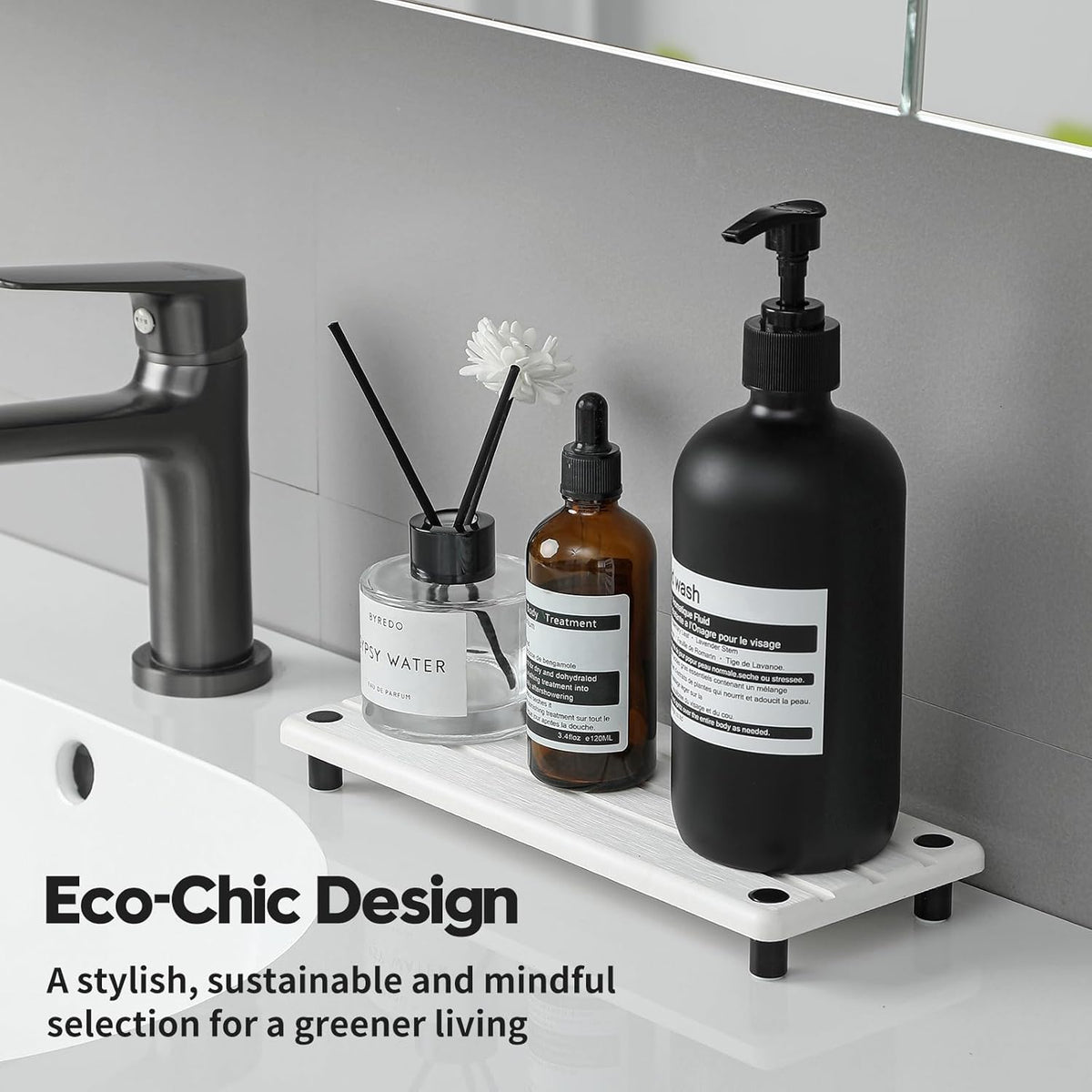 Sink Caddy Kitchen Sink Organizer, Water Absorbing Stone Tray for Sink,Diatomite Bathroom Counter Tray,Faucet Drying Mat Protector Coaster Soap Dish Rack Riser Vanity Dispenser Sponge Holder,10" x 4"