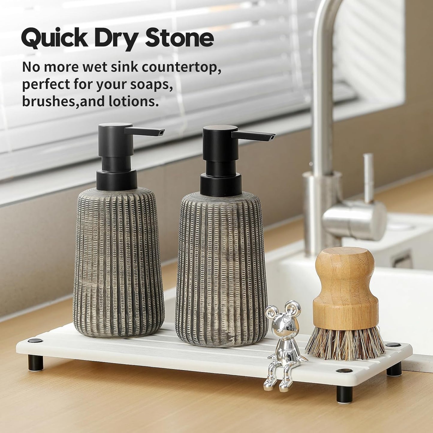Sink Caddy Kitchen Sink Organizer, Water Absorbing Stone Tray for Sink,Diatomite Bathroom Counter Tray,Faucet Drying Mat Protector Coaster Soap Dish Rack Riser Vanity Dispenser Sponge Holder,10" x 4"