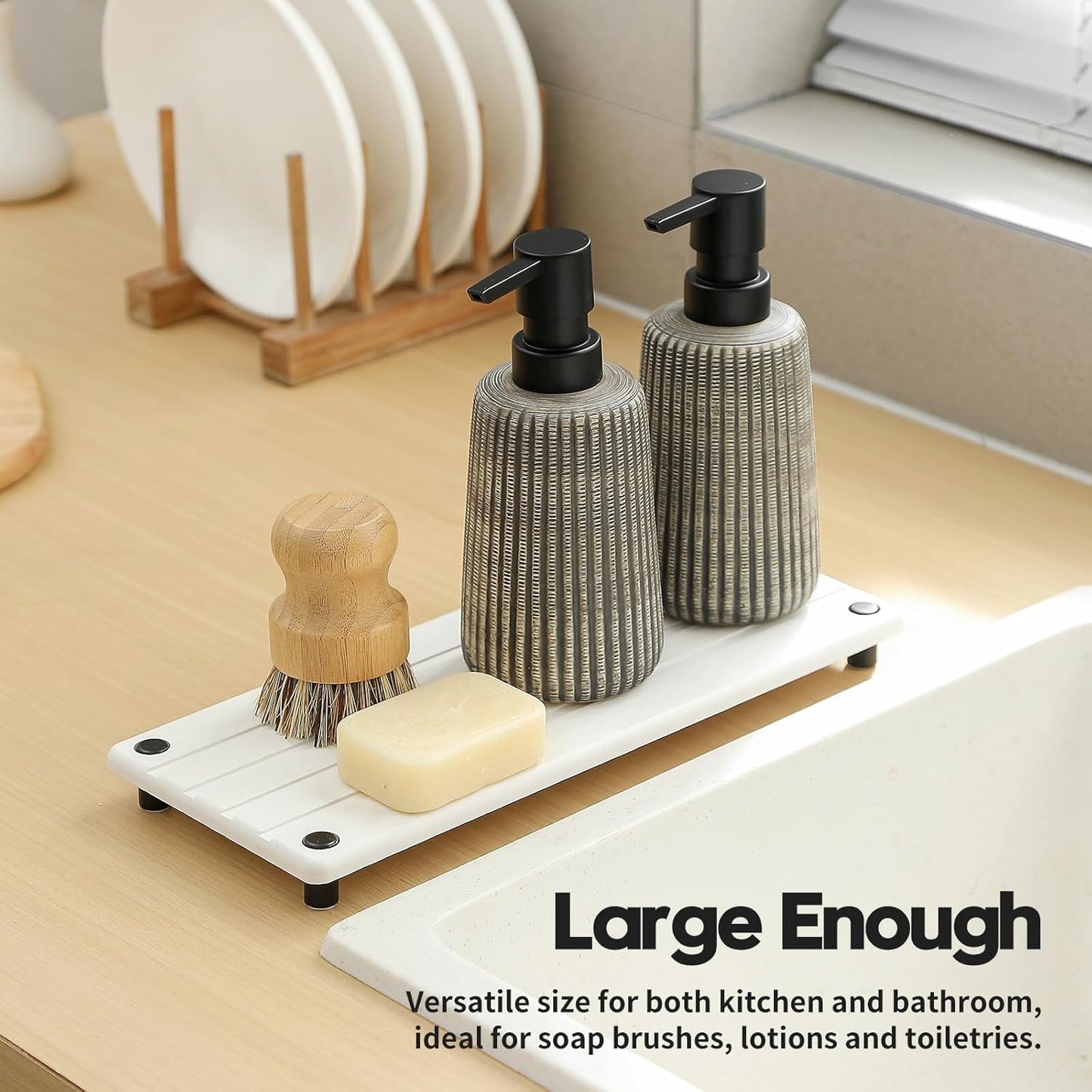 Sink Caddy Kitchen Sink Organizer, Water Absorbing Stone Tray for Sink,Diatomite Bathroom Counter Tray,Faucet Drying Mat Protector Coaster Soap Dish Rack Riser Vanity Dispenser Sponge Holder,10" x 4"