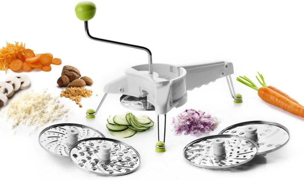 Mouli Rotary Cheese Grater 5-in-1 with Hand Crank | Made in Spain | Mandoline Slicer Vegetable Chopper for Parmesan Cheese, Nuts & Fruits | Includes 5 Stainless Steel Interchangeable Blades