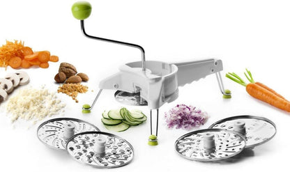 Mouli Rotary Cheese Grater 5-in-1 with Hand Crank | Made in Spain | Mandoline Slicer Vegetable Chopper for Parmesan Cheese, Nuts & Fruits | Includes 5 Stainless Steel Interchangeable Blades