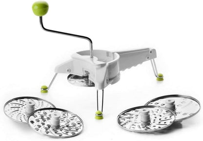 Mouli Rotary Cheese Grater 5-in-1 with Hand Crank | Made in Spain | Mandoline Slicer Vegetable Chopper for Parmesan Cheese, Nuts & Fruits | Includes 5 Stainless Steel Interchangeable Blades
