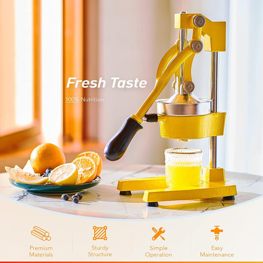 Manual Citrus Juicer - Professional Orange, Lemon, Lime & Pom Juice Extractor, Easy to Clean, Yellow