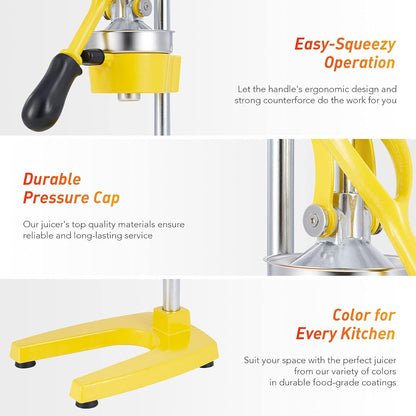 Manual Citrus Juicer - Professional Orange, Lemon, Lime & Pom Juice Extractor, Easy to Clean, Yellow