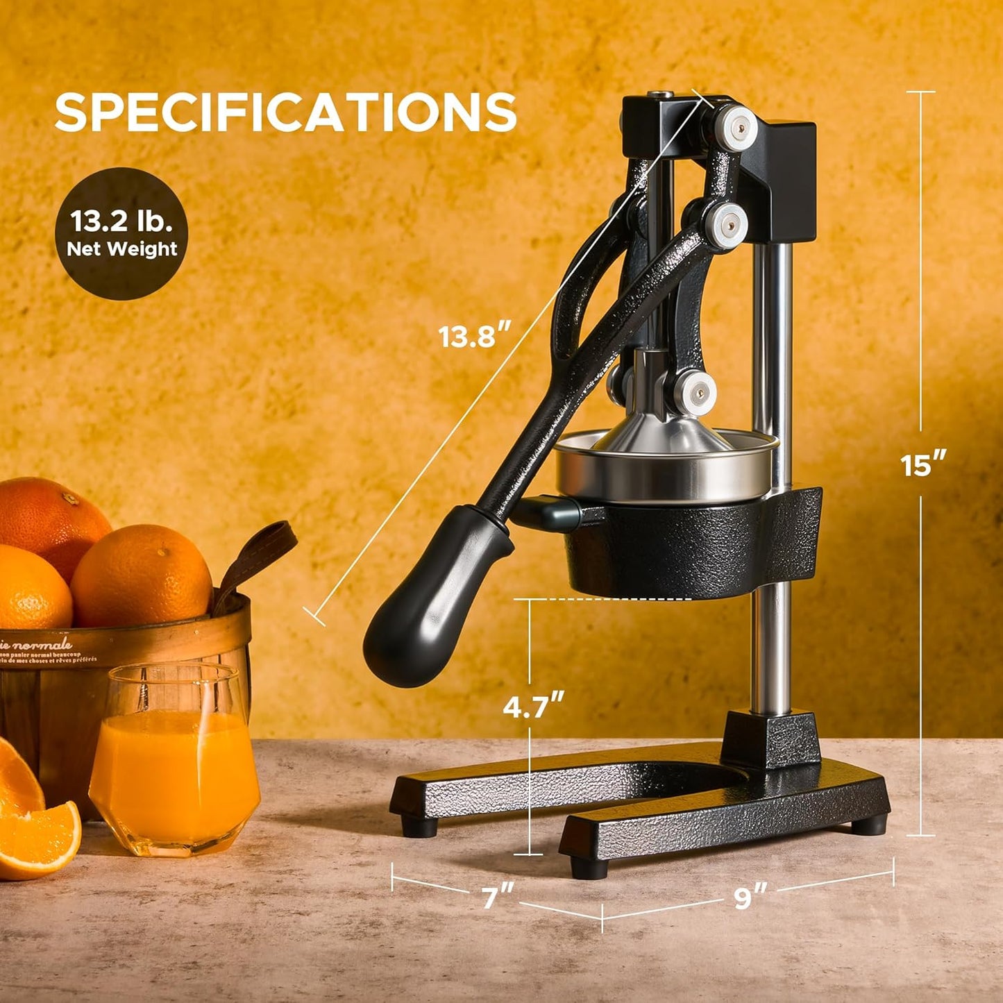 Manual Citrus Juicer - Professional Orange, Lemon, Lime & Pom Juice Extractor, Easy to Clean, Yellow