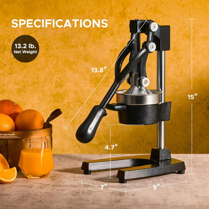 Manual Citrus Juicer - Professional Orange, Lemon, Lime & Pom Juice Extractor, Easy to Clean, Yellow