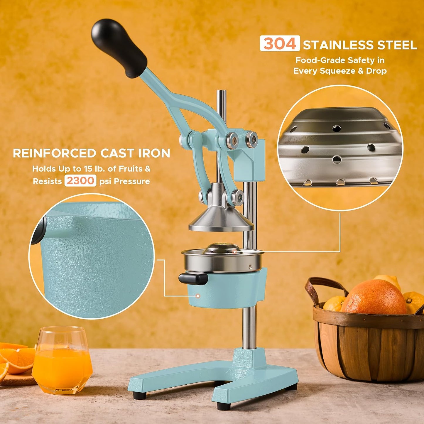 Manual Citrus Juicer - Professional Orange, Lemon, Lime & Pom Juice Extractor, Easy to Clean, Yellow