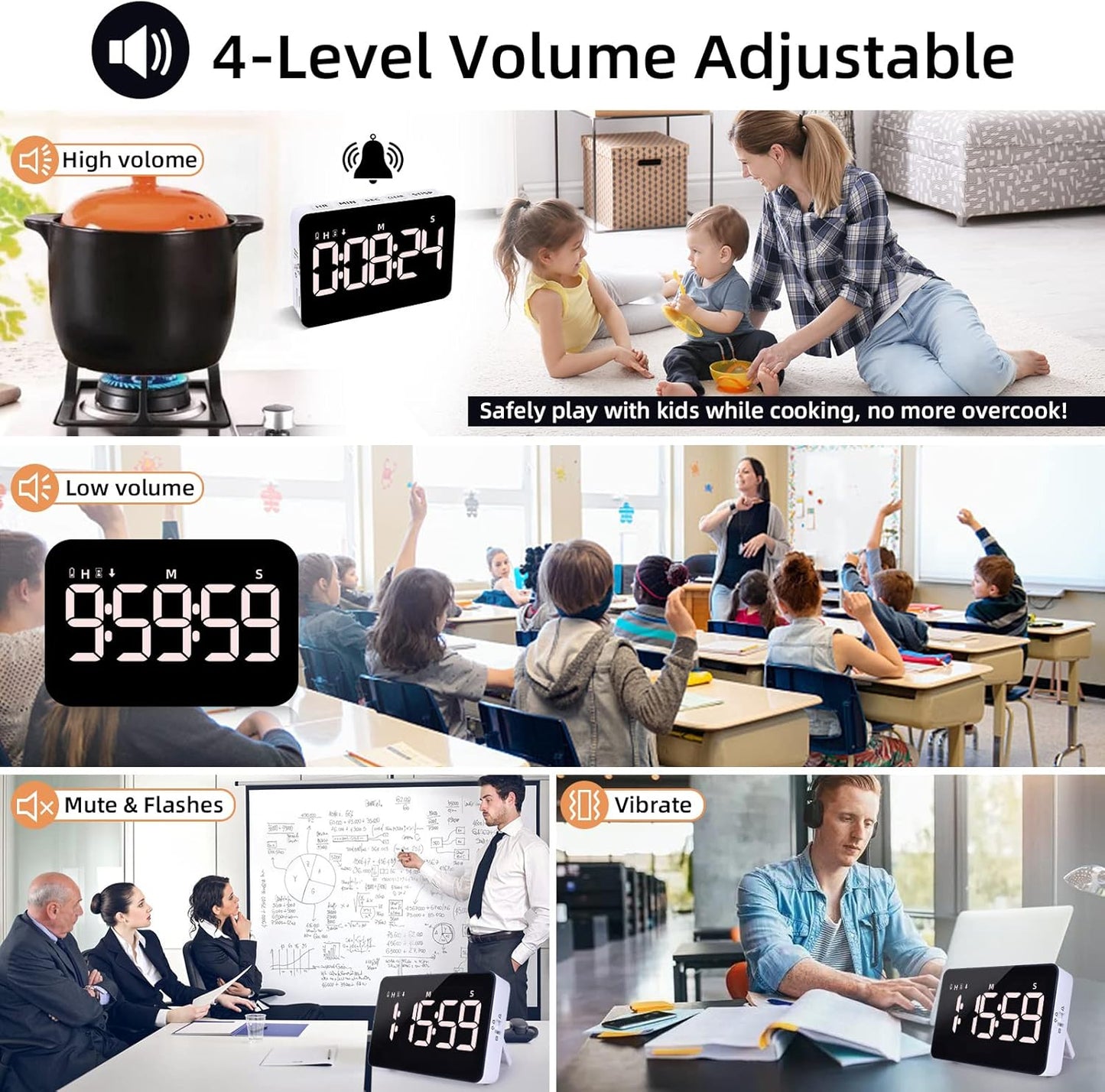 Visual Timer for Classroom Rechargeable, 10-Hour Digital Timers with Visual Time Bars Design, 3 Brightness/3 Volume Adjustable Magnetic Timer, Countdown/up Timer for Study Game Gym Kitchen Office