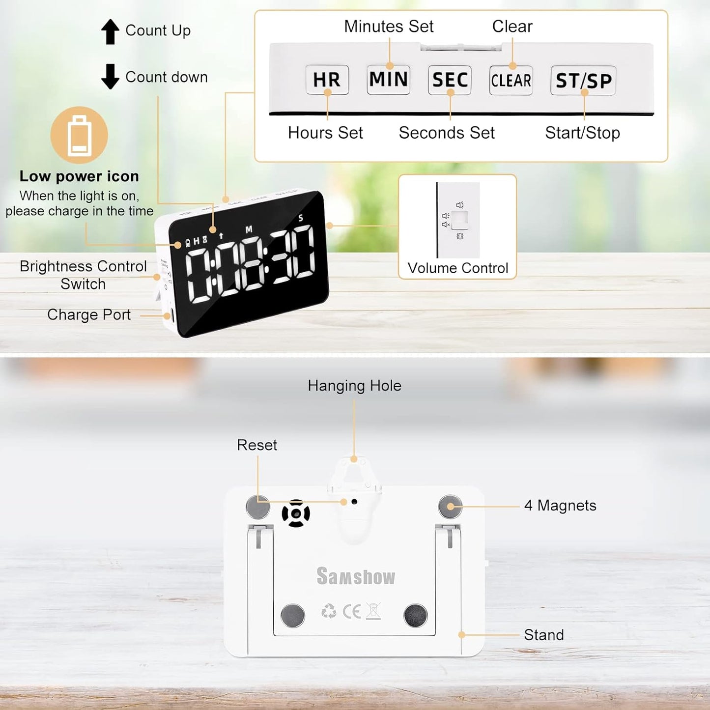 Visual Timer for Classroom Rechargeable, 10-Hour Digital Timers with Visual Time Bars Design, 3 Brightness/3 Volume Adjustable Magnetic Timer, Countdown/up Timer for Study Game Gym Kitchen Office