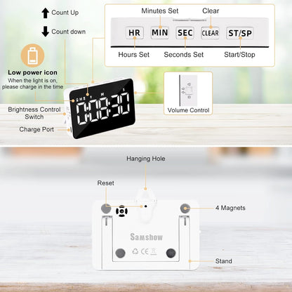 Visual Timer for Classroom Rechargeable, 10-Hour Digital Timers with Visual Time Bars Design, 3 Brightness/3 Volume Adjustable Magnetic Timer, Countdown/up Timer for Study Game Gym Kitchen Office