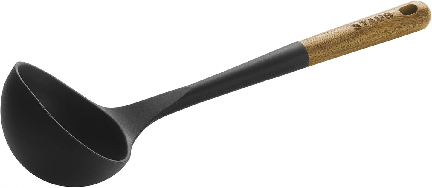 Soup Ladle, Cooking Utensil, Non-Stick Silicone, Black | Silicone Ladle, Durable Acacia Wood Handle. Safe for All Cookware Surfaces. Perfect for Soup & Gravy