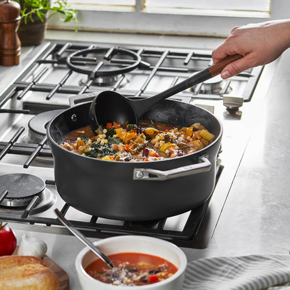 Soup Ladle, Cooking Utensil, Non-Stick Silicone, Black | Silicone Ladle, Durable Acacia Wood Handle. Safe for All Cookware Surfaces. Perfect for Soup & Gravy