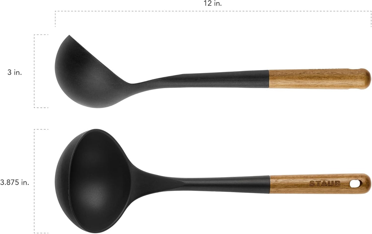 Soup Ladle, Cooking Utensil, Non-Stick Silicone, Black | Silicone Ladle, Durable Acacia Wood Handle. Safe for All Cookware Surfaces. Perfect for Soup & Gravy