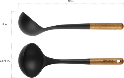 Soup Ladle, Cooking Utensil, Non-Stick Silicone, Black | Silicone Ladle, Durable Acacia Wood Handle. Safe for All Cookware Surfaces. Perfect for Soup & Gravy