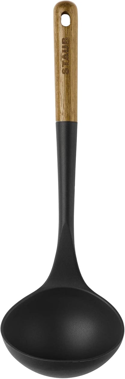 Soup Ladle, Cooking Utensil, Non-Stick Silicone, Black | Silicone Ladle, Durable Acacia Wood Handle. Safe for All Cookware Surfaces. Perfect for Soup & Gravy