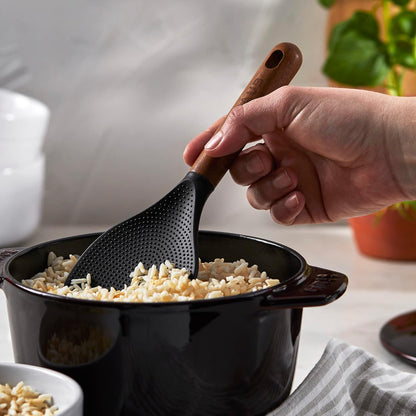 Soup Ladle, Cooking Utensil, Non-Stick Silicone, Black | Silicone Ladle, Durable Acacia Wood Handle. Safe for All Cookware Surfaces. Perfect for Soup & Gravy