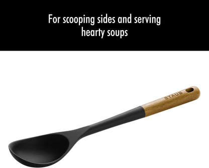 Soup Ladle, Cooking Utensil, Non-Stick Silicone, Black | Silicone Ladle, Durable Acacia Wood Handle. Safe for All Cookware Surfaces. Perfect for Soup & Gravy