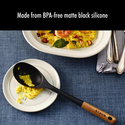 Soup Ladle, Cooking Utensil, Non-Stick Silicone, Black | Silicone Ladle, Durable Acacia Wood Handle. Safe for All Cookware Surfaces. Perfect for Soup & Gravy