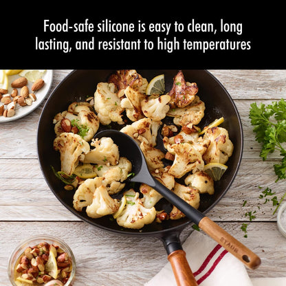 Soup Ladle, Cooking Utensil, Non-Stick Silicone, Black | Silicone Ladle, Durable Acacia Wood Handle. Safe for All Cookware Surfaces. Perfect for Soup & Gravy