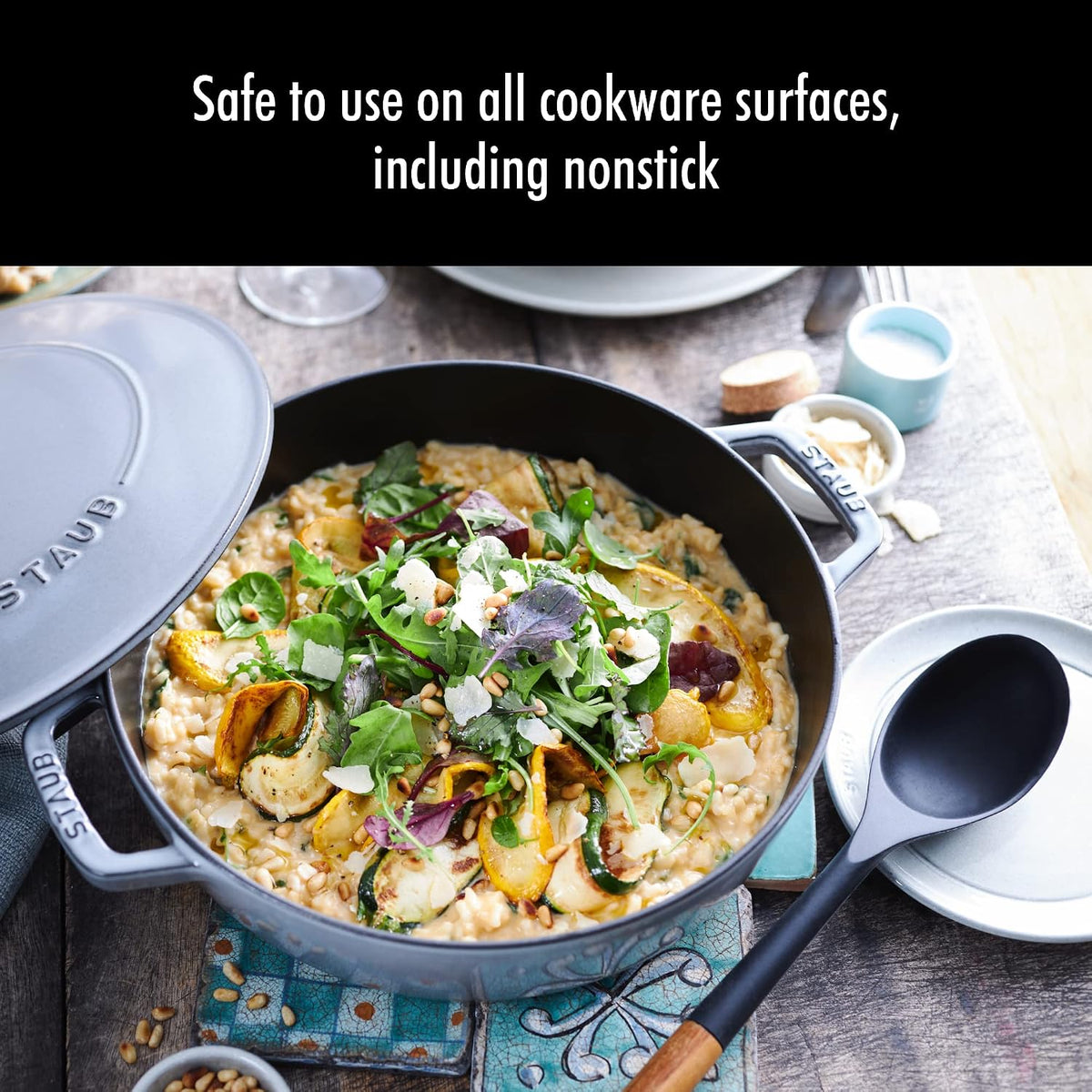 Soup Ladle, Cooking Utensil, Non-Stick Silicone, Black | Silicone Ladle, Durable Acacia Wood Handle. Safe for All Cookware Surfaces. Perfect for Soup & Gravy