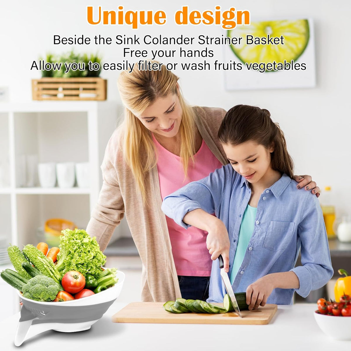 Small Colander with Draining Base, Collapsible Strainer Basket, Side-Drain Design, Countertop Colander Drain for Pasta, Fruits, Vegetables