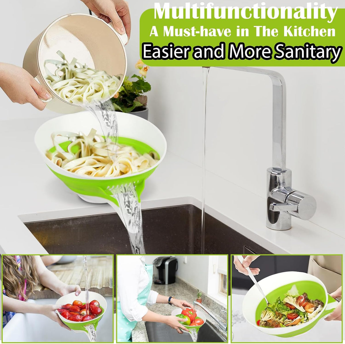 Small Colander with Draining Base, Collapsible Strainer Basket, Side-Drain Design, Countertop Colander Drain for Pasta, Fruits, Vegetables